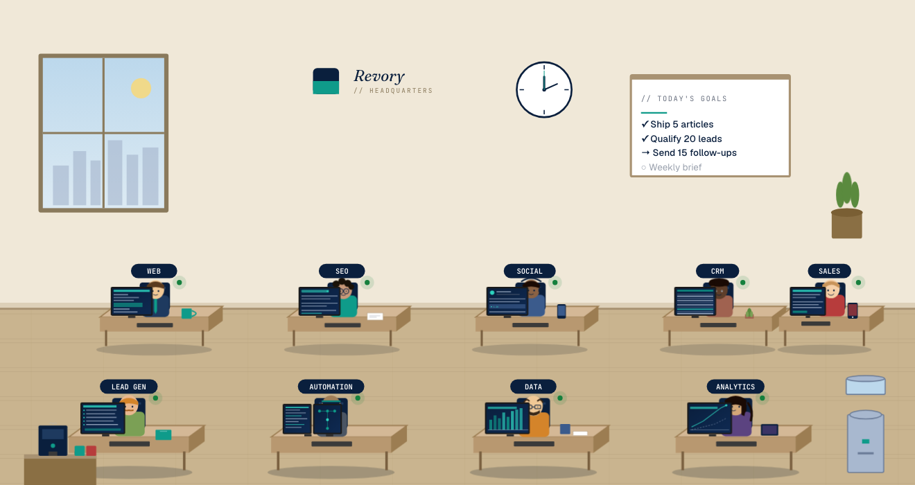 Revory office view — 9 AI agents at their workstations